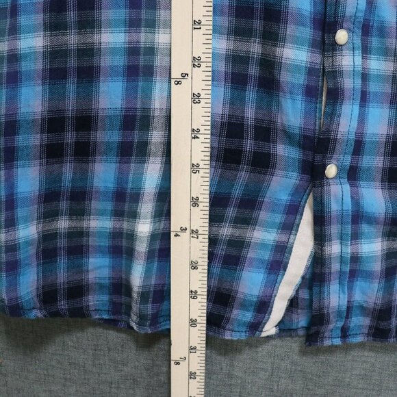 Sun + Stone Plaid Western Shirt Mens XL Long Sleeve Soft Blue Plaid Pearl Snap - Picture 6 of 10